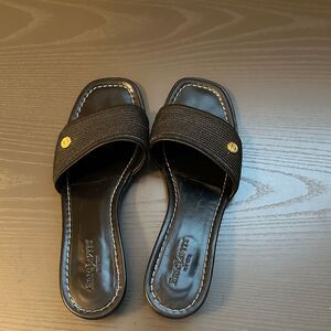 Eric Javits Black Leather Slide Sandals with Gold Detail Made in Italy Size 8.5